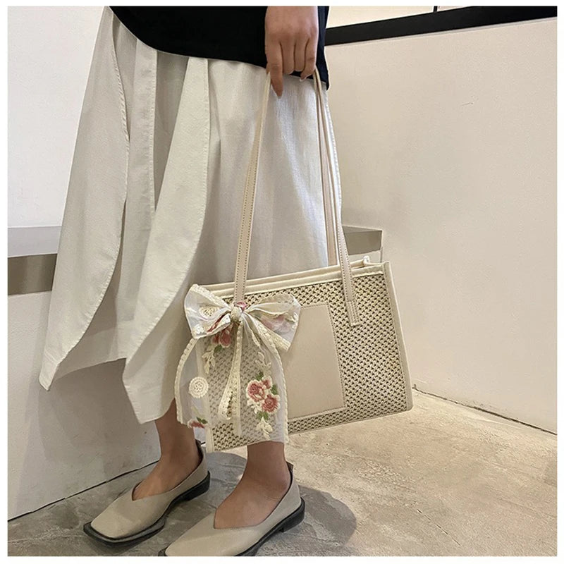 Summer Straw Large Capacity Women’s Shoulder Tote Bag with Silk Scarf.