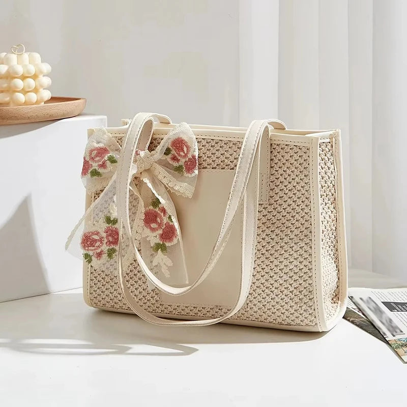 Summer Straw Large Capacity Women’s Shoulder Tote Bag with Silk Scarf.