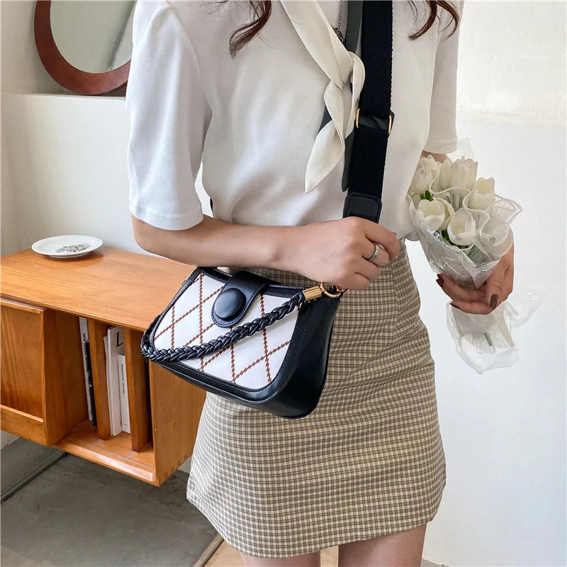 Korean Style Rhombic Woven PU Shoulder Crossbody Bag for Women