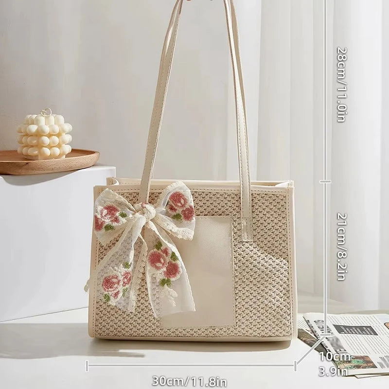Summer Straw Large Capacity Women’s Shoulder Tote Bag with Silk Scarf.