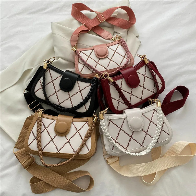 Korean Style Rhombic Woven PU Shoulder Crossbody Bag for Women