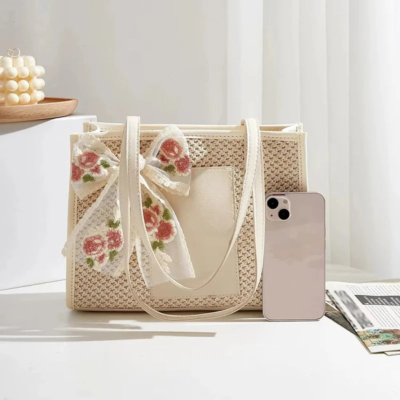 Summer Straw Large Capacity Women’s Shoulder Tote Bag with Silk Scarf.