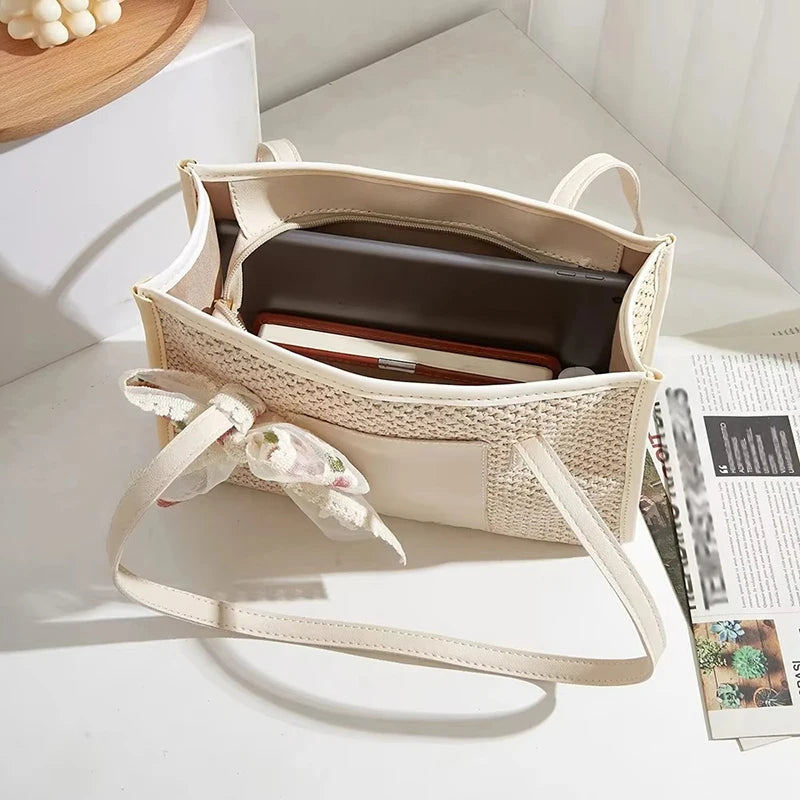 Summer Straw Large Capacity Women’s Shoulder Tote Bag with Silk Scarf.
