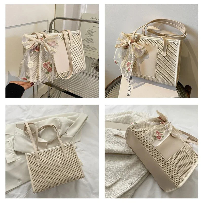 Summer Straw Large Capacity Women’s Shoulder Tote Bag with Silk Scarf.