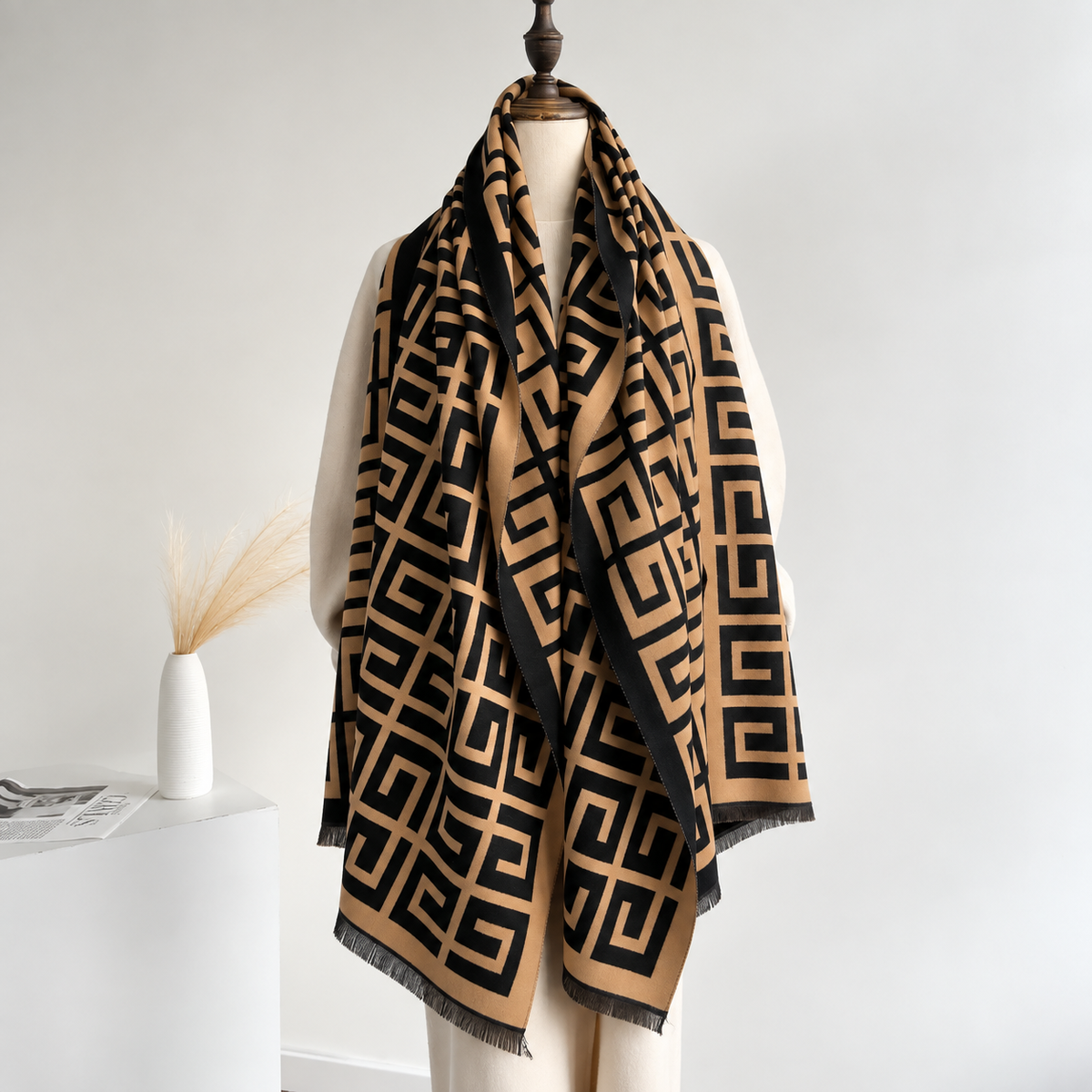 Golden Maze Geometric Cotton Shawl (CC)