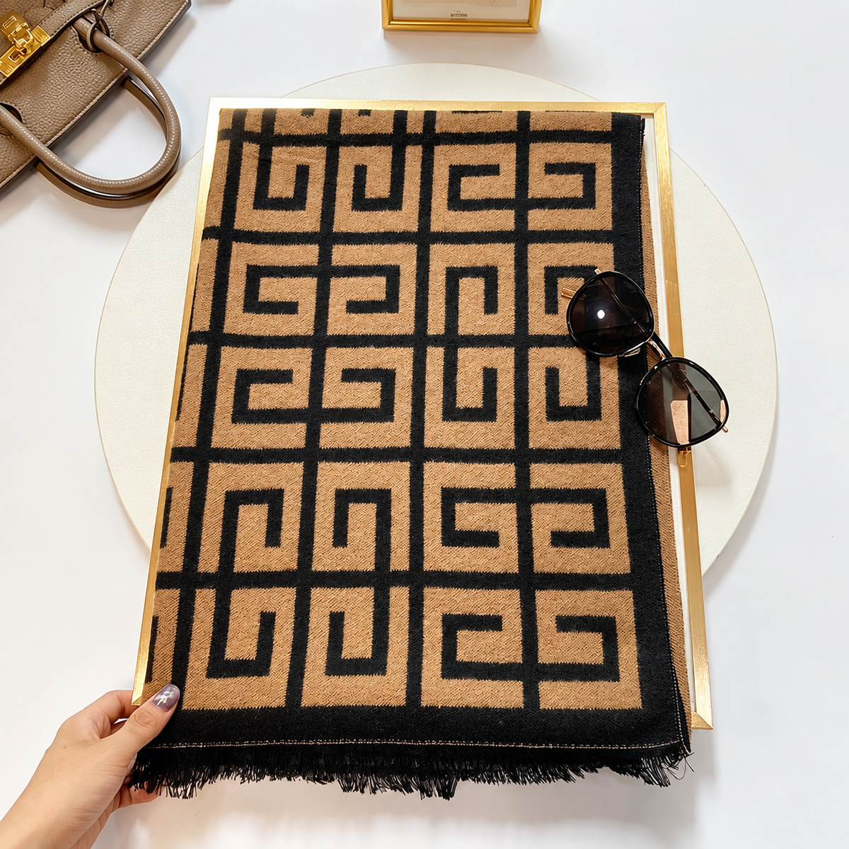 Golden Maze Geometric Cotton Shawl (CC)
