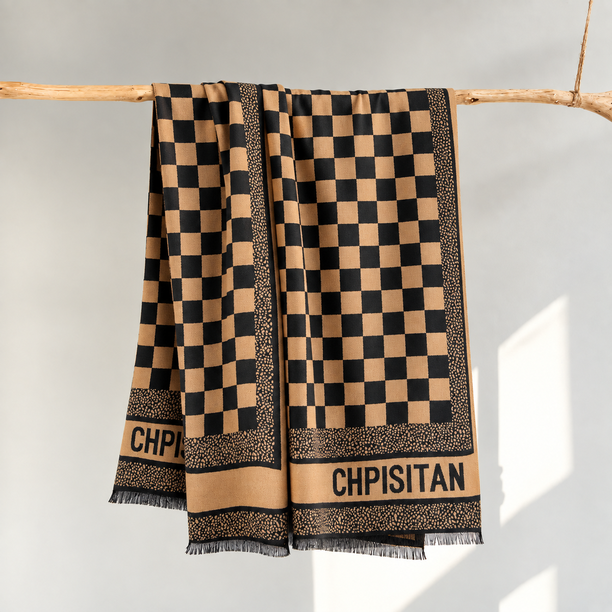Camel and black checkerboard pattern Cotton Shawl (DABA)