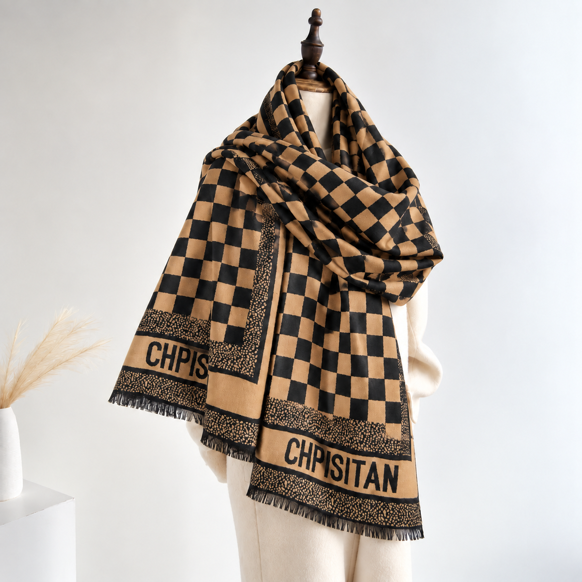Camel and black checkerboard pattern Cotton Shawl (DABA)