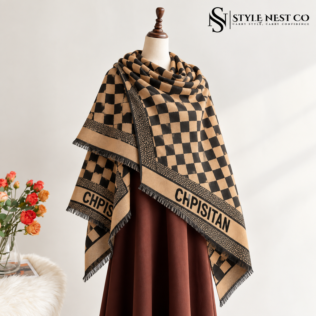 Camel and black checkerboard pattern Cotton Shawl (DABA)