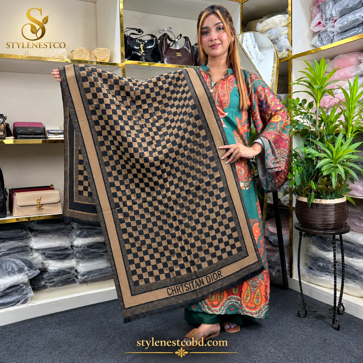 Camel and black checkerboard pattern Cotton Shawl (DABA)