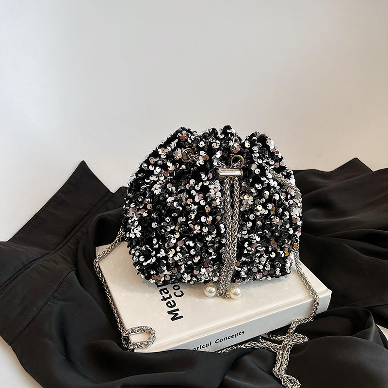 Summer Sequin Chain Small Bucket Bag – Trendy Evening Shoulder Bag