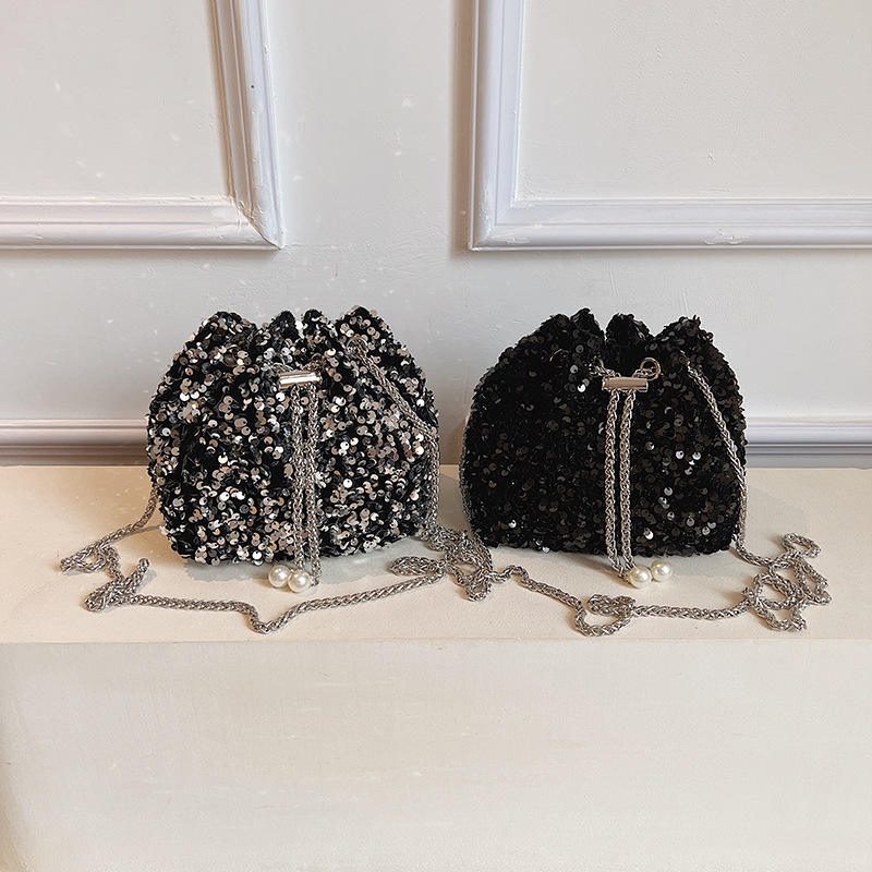 Summer Sequin Chain Small Bucket Bag – Trendy Evening Shoulder Bag