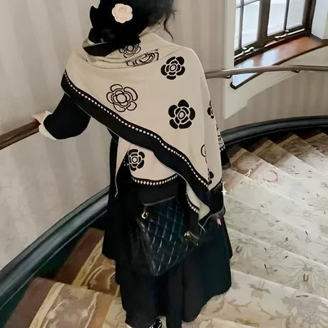 Ivory Bloom Contrast Cotton Shawl (FLOWER)