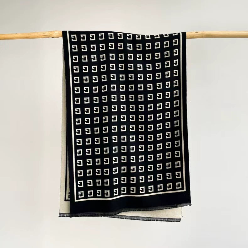 Ivory Noir Geometric Cotton Shawl (G)