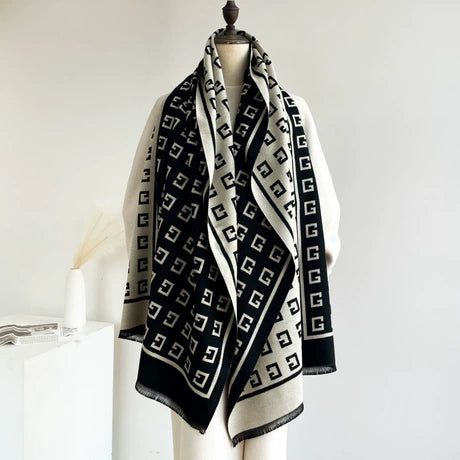 Ivory Noir Geometric Cotton Shawl (G)