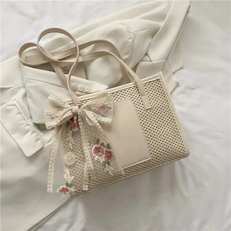 Summer Straw Large Capacity Women’s Shoulder Tote Bag with Silk Scarf.