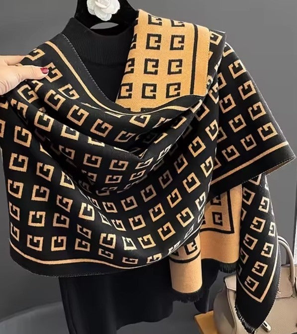 Ivory Noir Geometric Cotton Shawl (G)