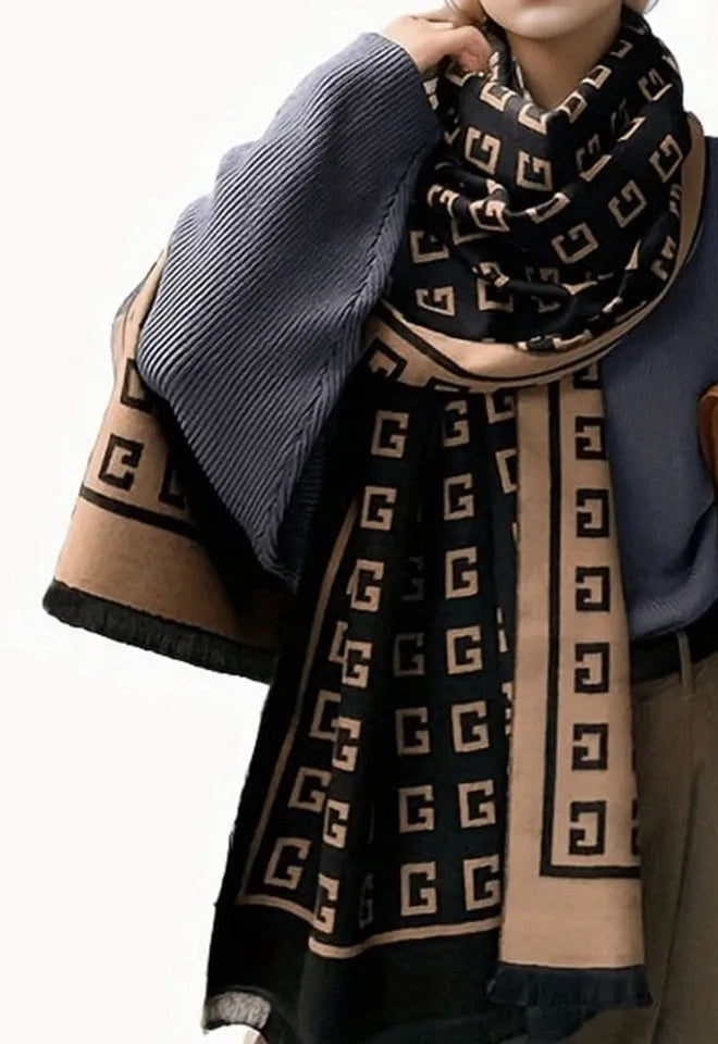 Ivory Noir Geometric Cotton Shawl (G)