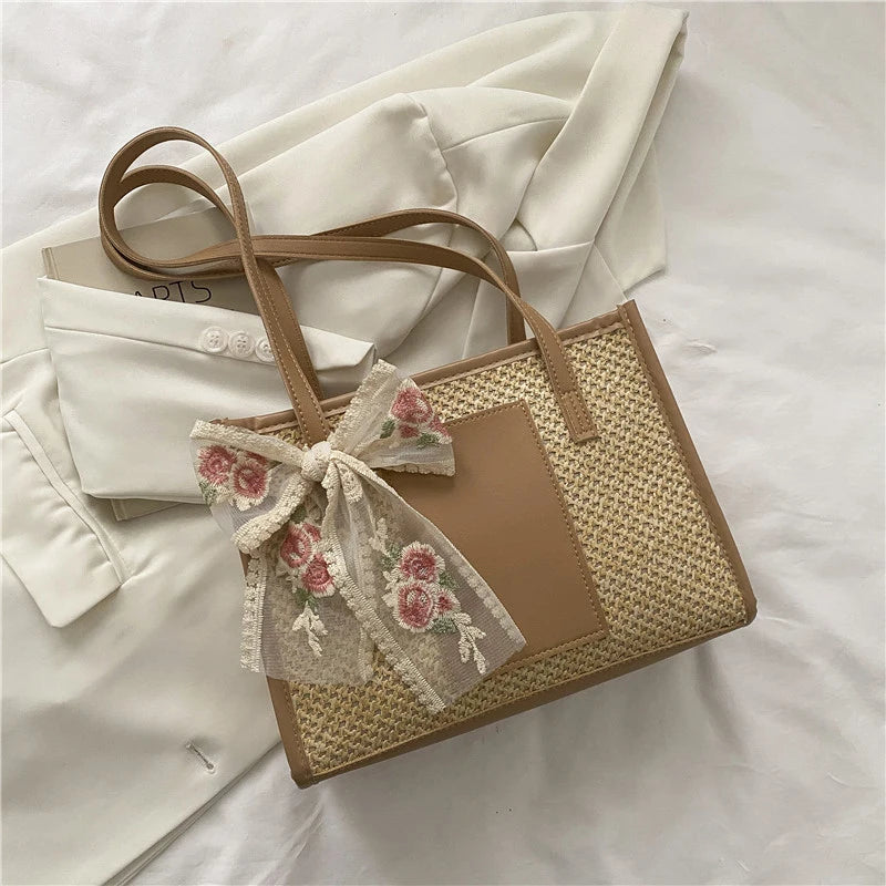 Summer Straw Large Capacity Women’s Shoulder Tote Bag with Silk Scarf.